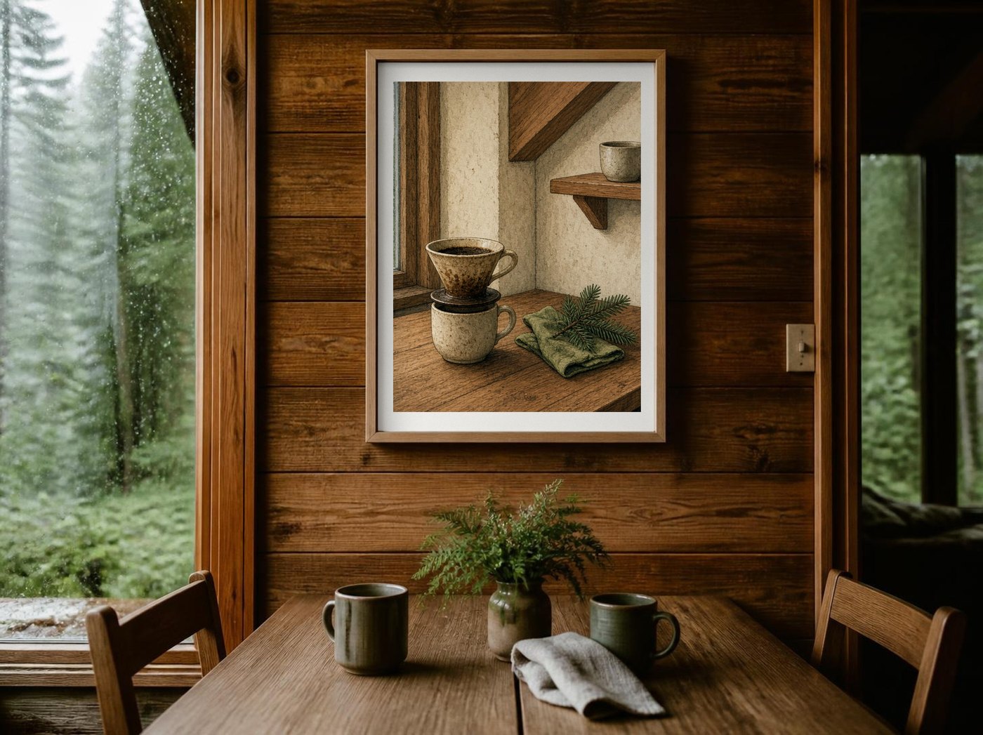 Cedar Drip poster in a framed cabin setting