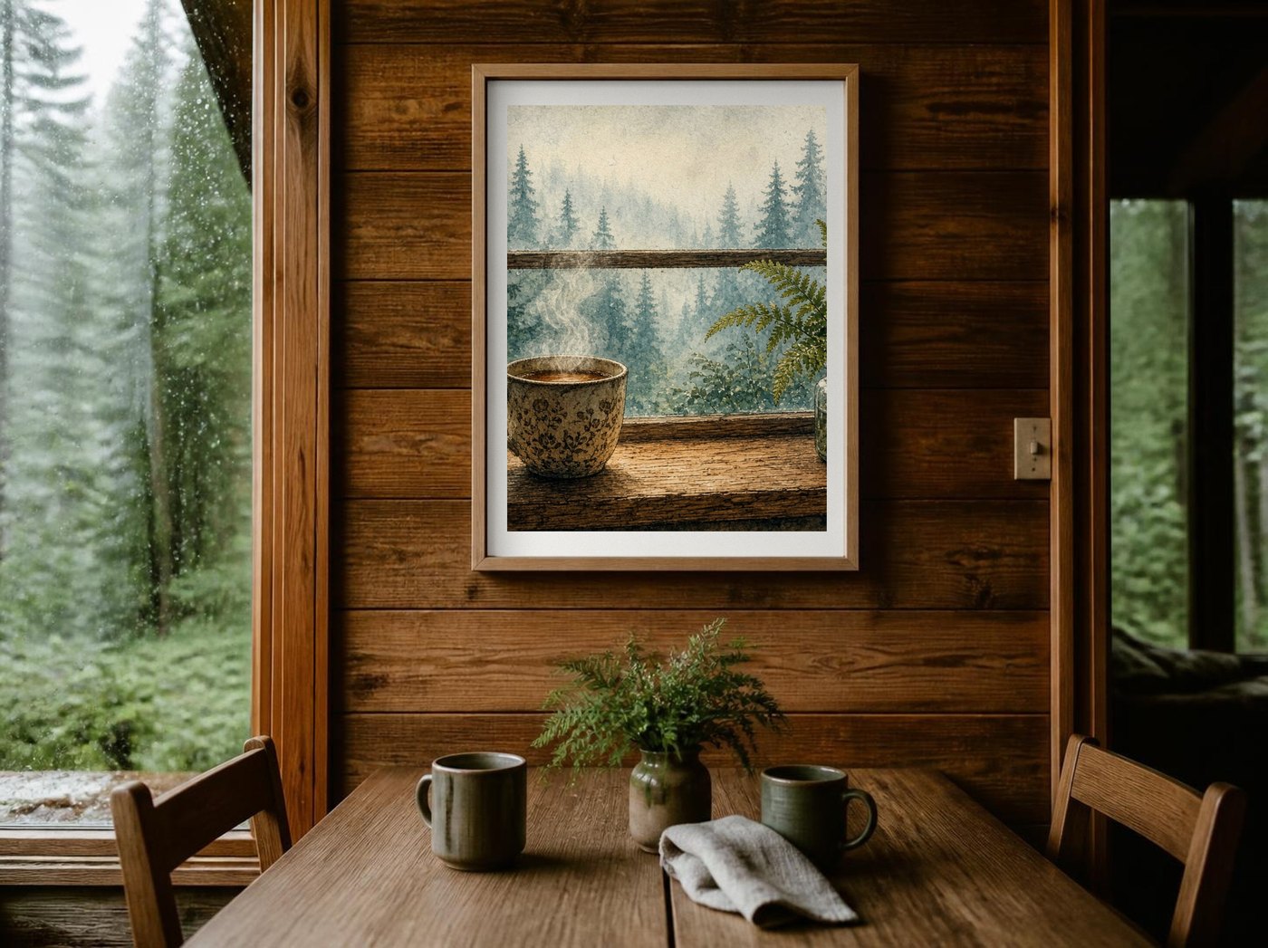 First Pour poster in a framed cabin setting