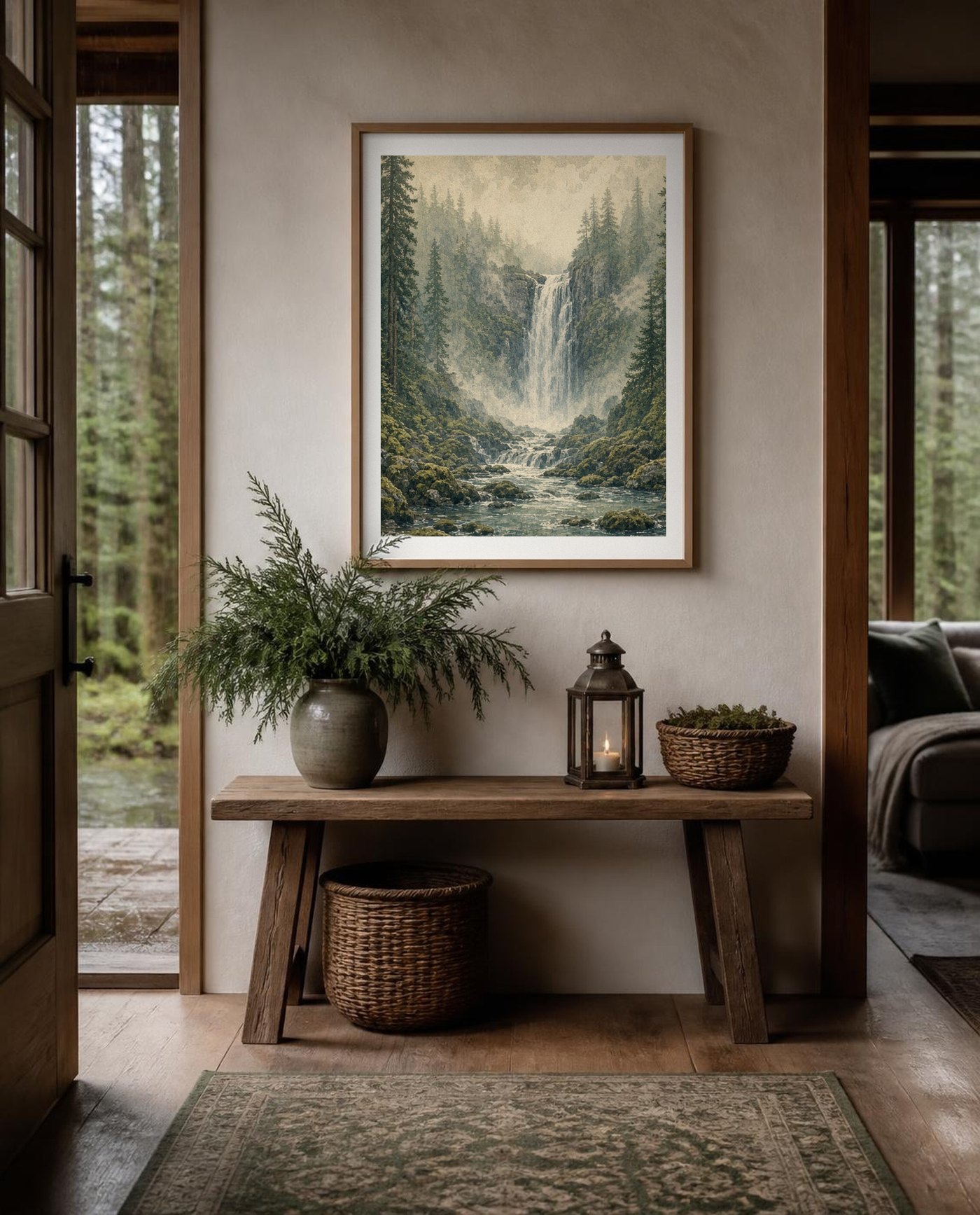 Mistwood Cascade poster in a framed setting