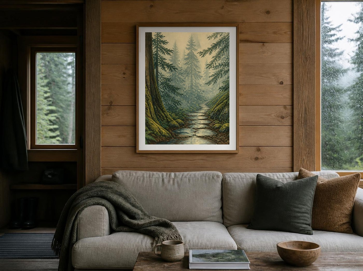 Trailhead poster styled in a warm wood interior